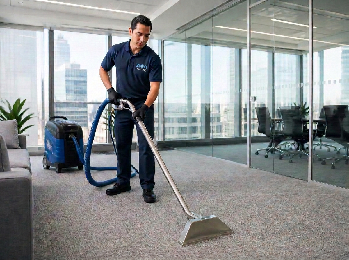 Zion Cleaning technician deep cleaning carpet in a modern New York office