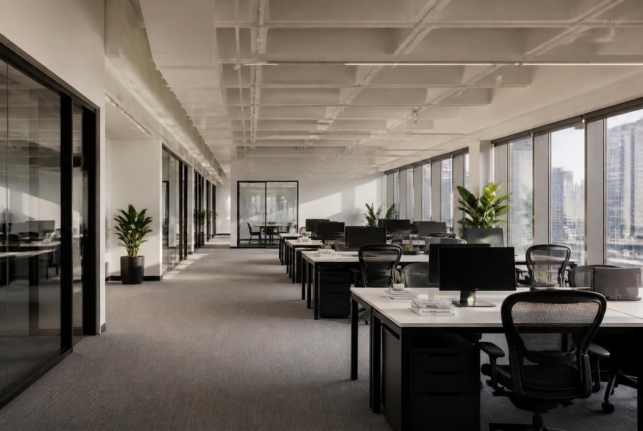 Clean modern open plan office in New York after commercial carpet cleaning