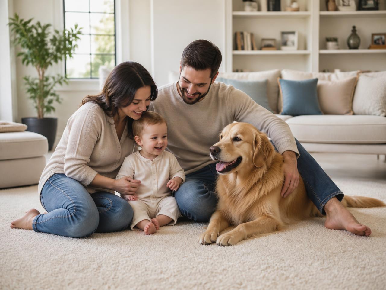 Family with a child and dog sitting on a freshly cleaned carpet